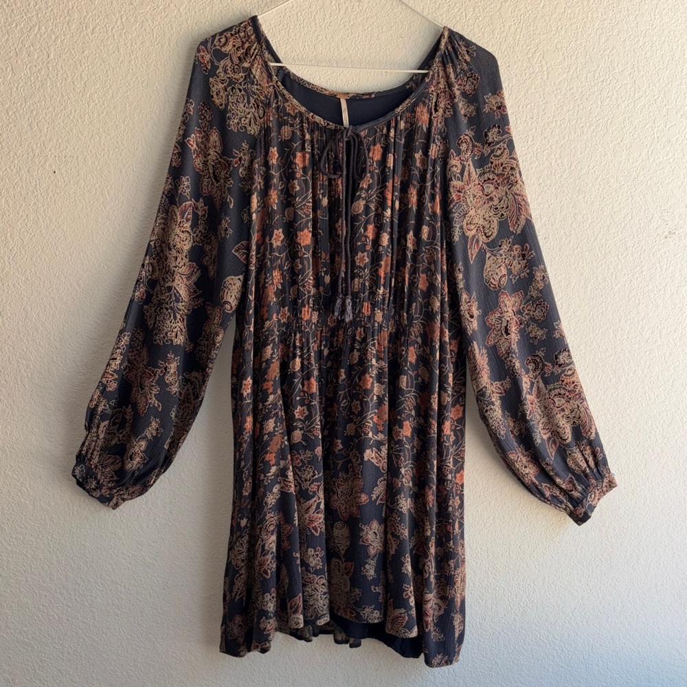 Free People Classic Mini Dress Tunic Sz M Color Navy Blue-Orange Floral Gauze
